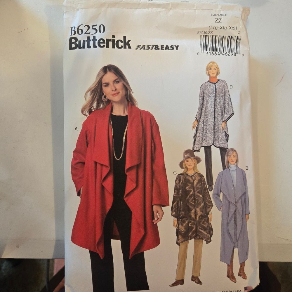 Butterick B6250 Fast and Easy Jacket Sewing Pattern Uncut,Size ZZ, Lrg, Xlg, Xxl